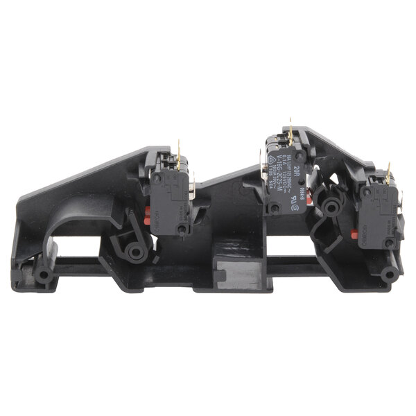 A close-up of a black Solwave door latch assembly with two electrical switches.