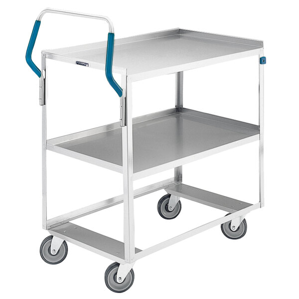 A silver Lakeside stainless steel utility cart with blue handles.