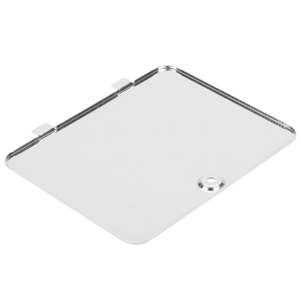 A white rectangular metal plate with a hole in the middle.