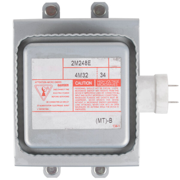 A close-up of a Solwave 180PE01 magnetron. A small metal box with a label.