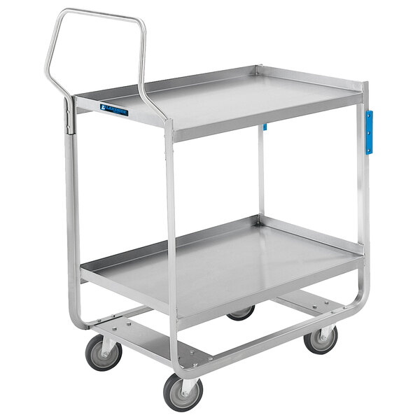 A silver Lakeside stainless steel utility cart with two shelves and a handle.
