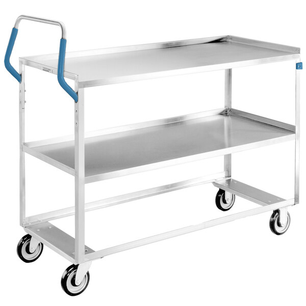 A Lakeside stainless steel utility cart with two shelves and blue handles.