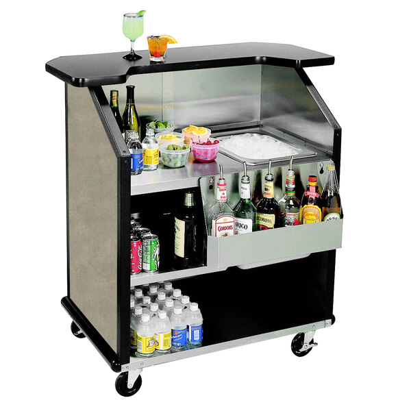 A Lakeside portable bar cart with drinks and bottles.