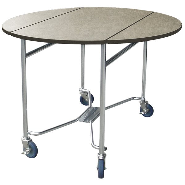 A Lakeside round room service table with wheels.