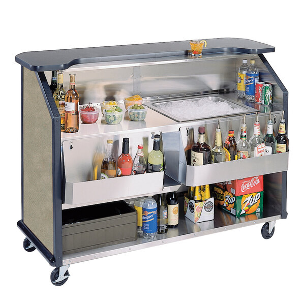 A Lakeside portable bar cart with bottles and ice on it.