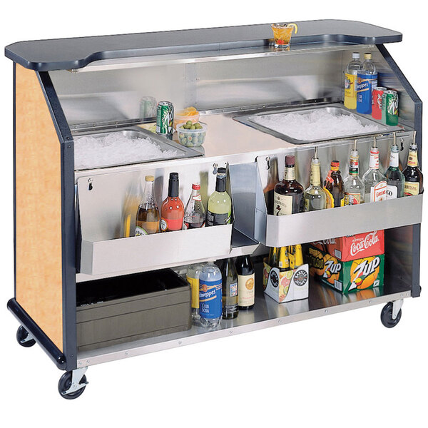 A Lakeside portable bar cart with bottles and ice on wheels.