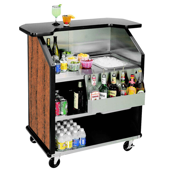 Lakeside 884VC 43" Stainless Steel Portable Bar with Victorian Cherry Laminate Finish, Removable 7-Bottle Speed Rail, and 40 lb. Ice Bin