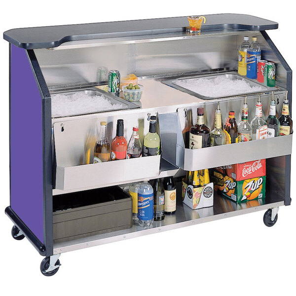 Lakeside 886P 63 1/2" Stainless Steel Portable Bar with Purple Laminate Finish, 2 Removable 7-Bottle Speed Rails, and 2 40 lb. Ice Bins