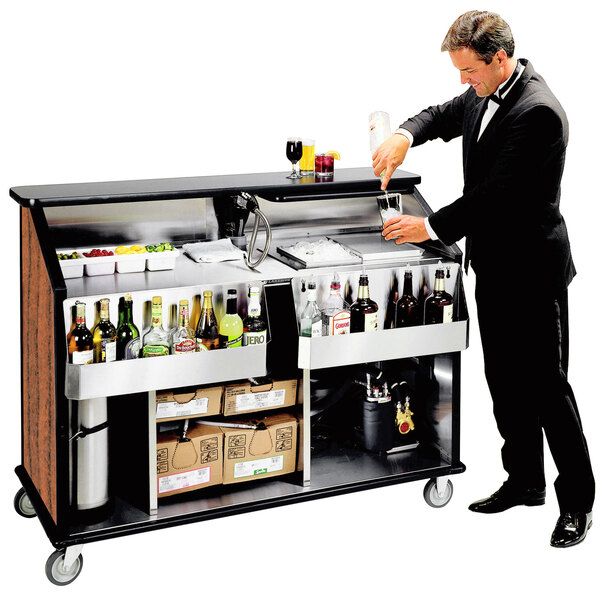Lakeside 889VC 63 1/2" Stainless Steel Portable Bar with Victorian Cherry Laminate Finish, 2 Removable 7-Bottle Speed Rails, and 70 lb. Ice Bin