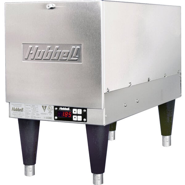 A large stainless steel Hubbell booster heater with a digital display showing red numbers.