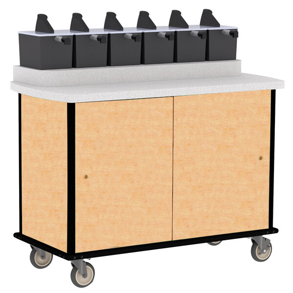 A Lakeside Hard Rock Maple condiment cart with black containers on top.