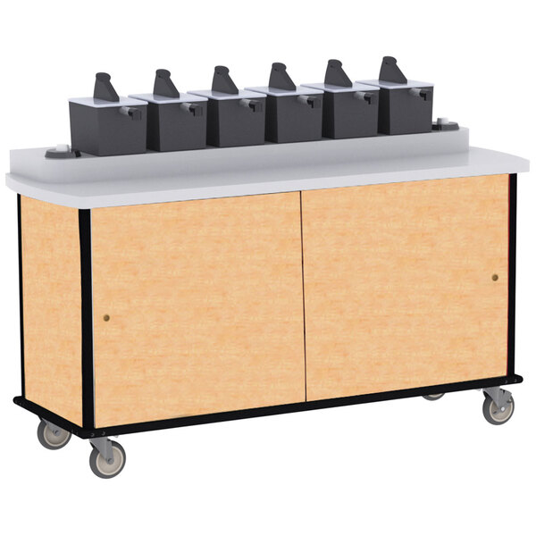 A Lakeside Hard Rock Maple condiment cart with cup dispensers and black and grey containers on top.