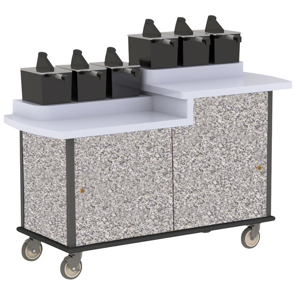 A Lakeside dual height condiment cart with black containers on top.