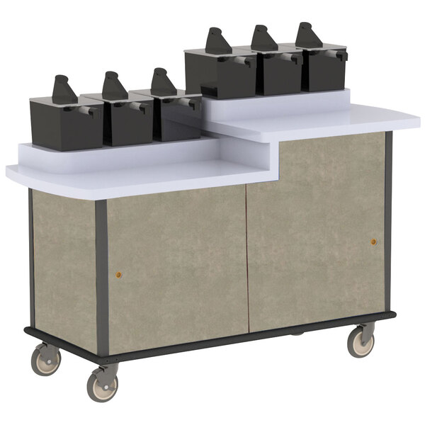 A Lakeside condiment cart with black containers on it.