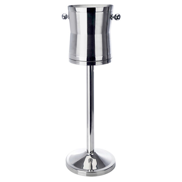 An Eastern Tabletop stainless steel wine bucket on a stand.