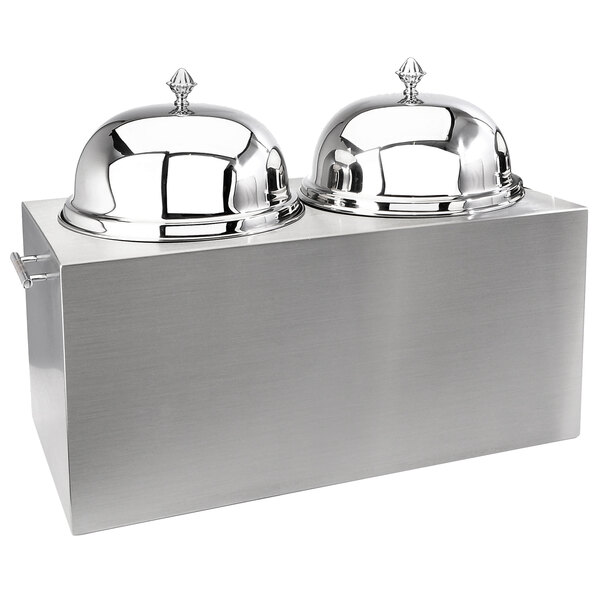 Two Eastern Tabletop stainless steel insulated ice cream trays with dome lids on a counter.