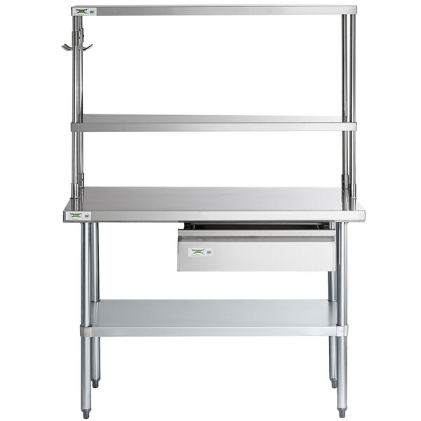 A Regency stainless steel double deck overshelf on a table.