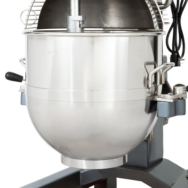 A large silver and black Avantco mixer with a 40 qt stainless steel bowl.