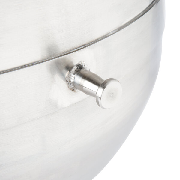 A close-up of a 304 stainless steel Avantco mixing bowl with a handle and a knob.