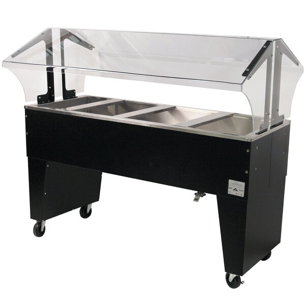 An Advance Tabco black stainless steel ice-cooled buffet table with open wells and clear covers.