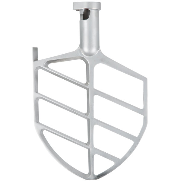 A silver cast aluminum flat beater with many holes.