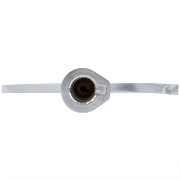 A close-up of a silver metal flat beater with a black handle.