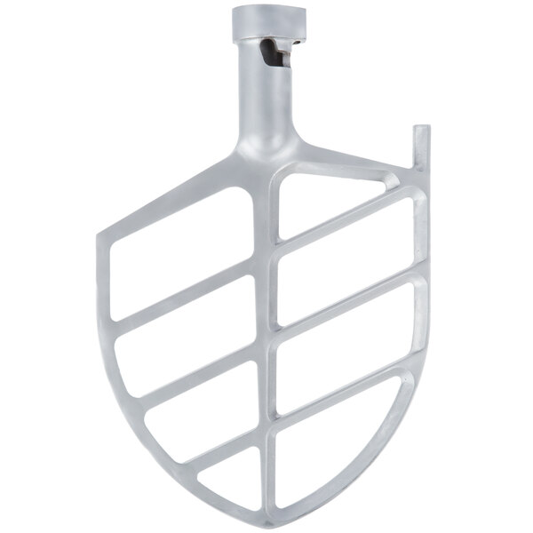 A silver cast aluminum flat beater attachment for an Avantco mixer.