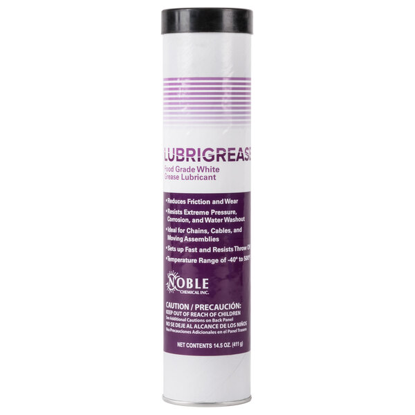 A white and purple Noble Chemical LubriGrease cartridge with a purple label.