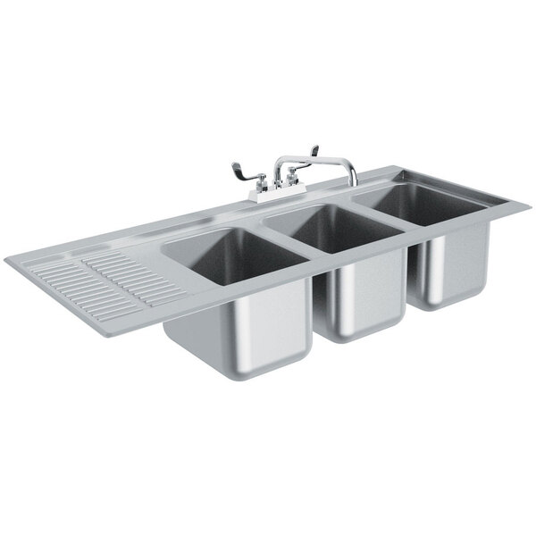Advance Tabco DBS-43R Three Compartment Stainless Steel Drop-In Bar Sink with 12" Drainboard - 21 1/8" x 48 5/16" (Right Side Sink)