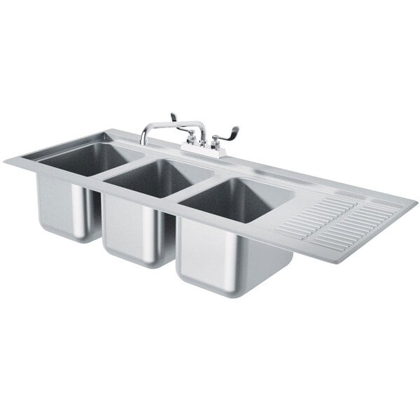 Advance Tabco DBS-43L Three Compartment Stainless Steel Drop-In Bar Sink with 12" Drainboard - 21 1/8" x 48 5/16" (Left Side Sink)