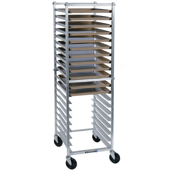A Lakeside metal tray rack with wheels holding 20 trays.