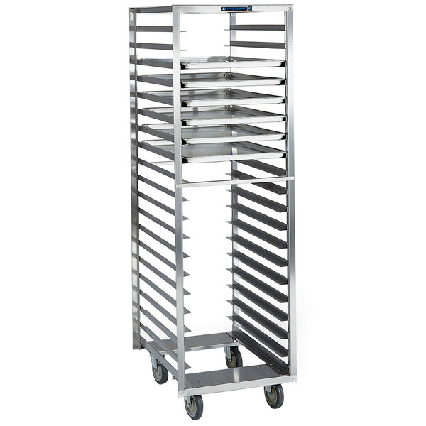A Lakeside stainless steel sheet pan rack with wheels.