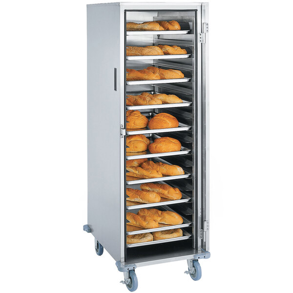 A Lakeside stainless steel enclosed sheet pan rack with trays of bread in it.