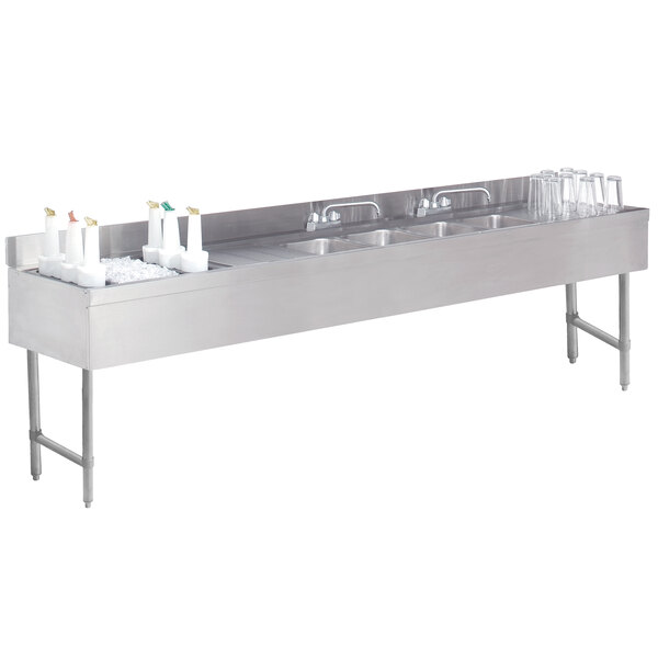 Advance Tabco CRC-84C-L Four Compartment Stainless Steel Bar Sink and Ice Bin Combo - 96" x 21" (Left Side Ice Bin)