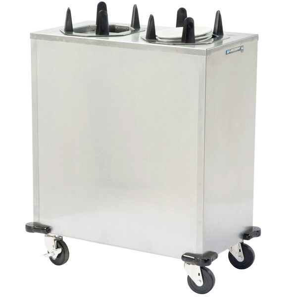 A Lakeside stainless steel enclosed plate dispenser with two black handles on each side.