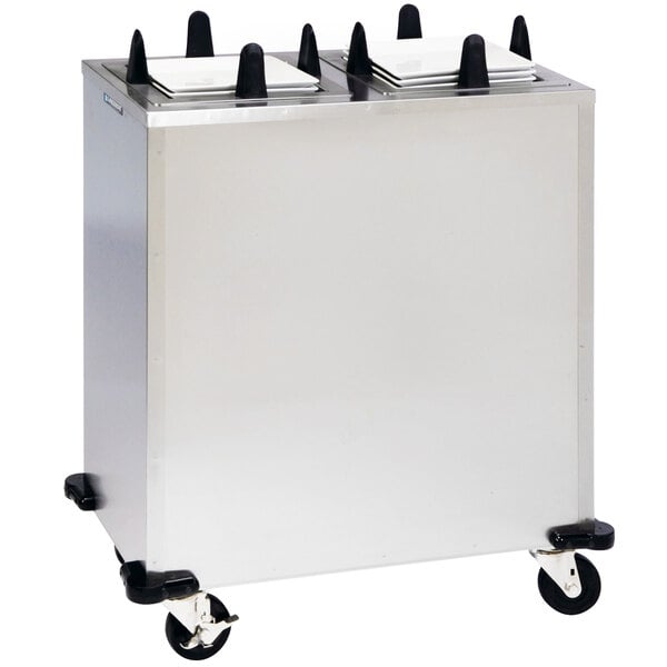 A Lakeside stainless steel enclosed non-heated plate dispenser with black wheels.