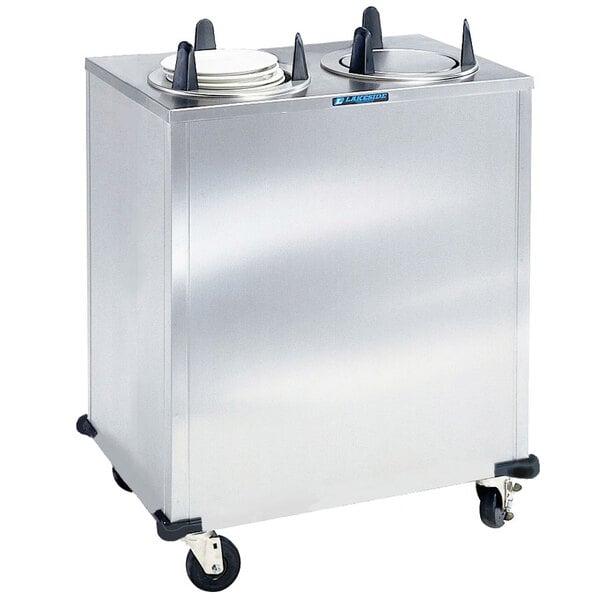 A large stainless steel Lakeside plate dispenser with two stacks of plates inside.
