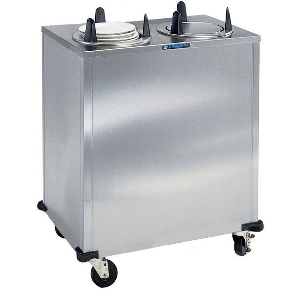 A large silver Lakeside stainless steel enclosed heated plate dispenser with two stacked plates inside.