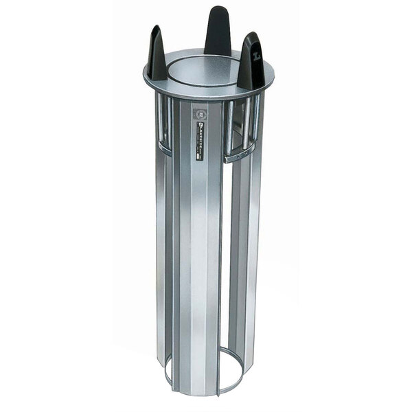 A silver metal Lakeside dish dispenser with black spikes inside a metal cylinder.