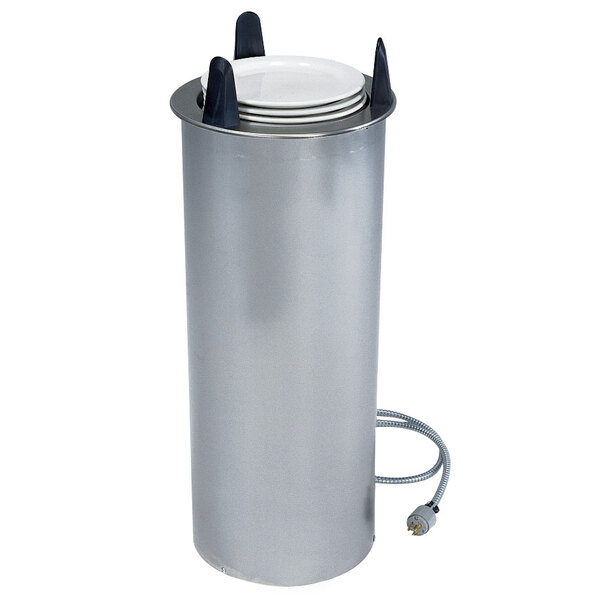 A Lakeside stainless steel dish dispenser with a white plate inside.