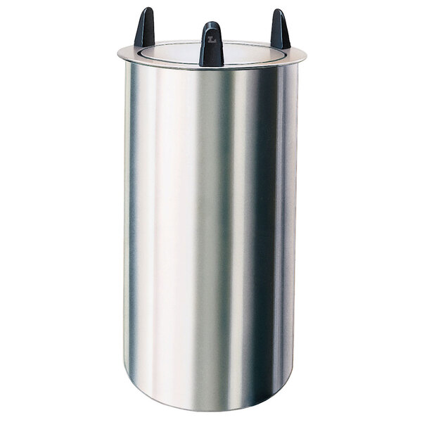 A Lakeside stainless steel dish dispenser with black handles on a silver tube.