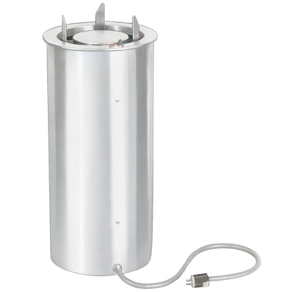 A stainless steel Lakeside dish dispenser with a cord.