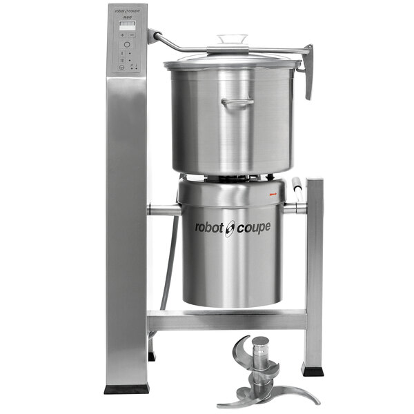 A Robot Coupe R60T vertical cutter mixer with a stainless steel bowl.
