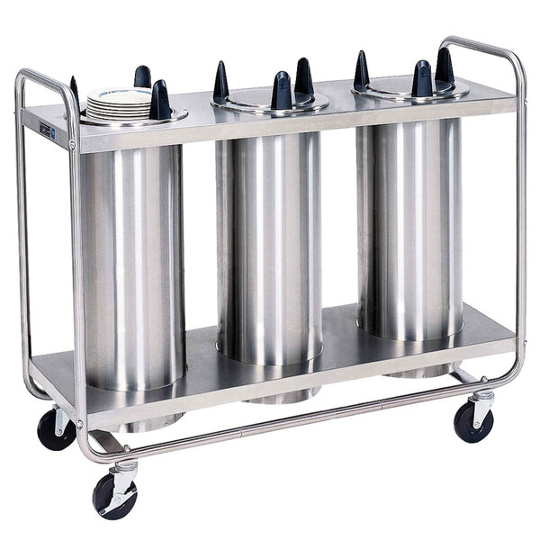 A Lakeside stainless steel three stack plate dispenser cart.
