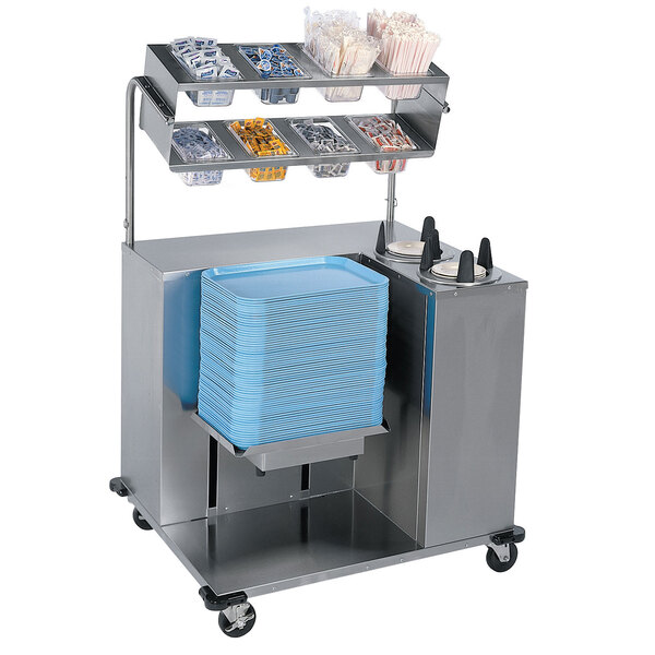 A Lakeside mobile stainless steel cart with a variety of items on it.