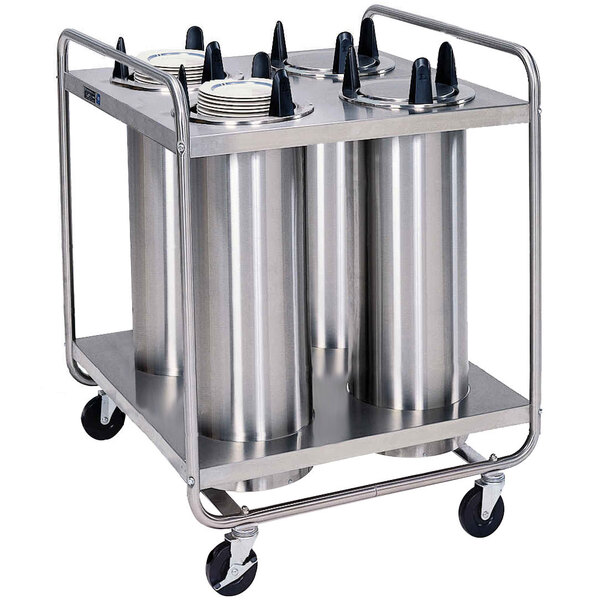 A Lakeside stainless steel tray dispenser cart with four silver cylinders on it.