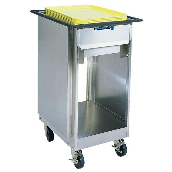 A Lakeside stainless steel mobile tray dispenser on a counter.