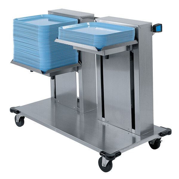 A Lakeside stainless steel double tray dispenser holding two trays on a cart.