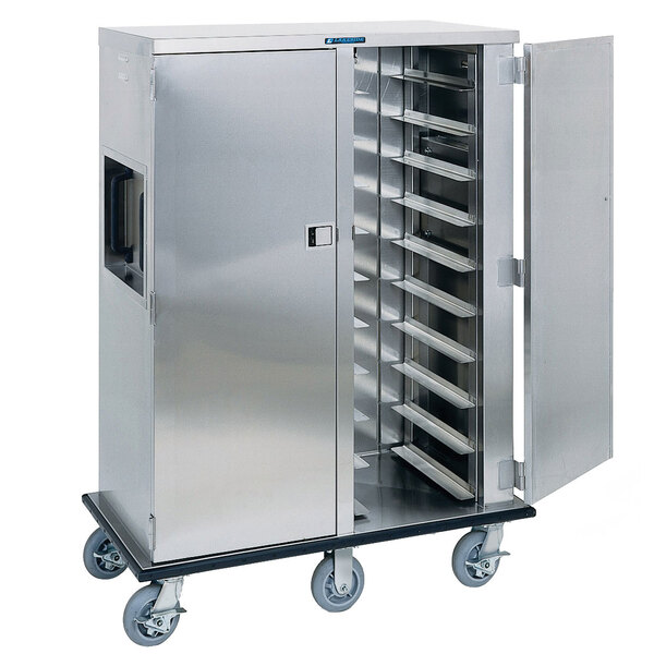 A Lakeside stainless steel tray cart with the door open.