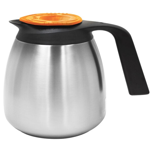 A stainless steel Curtis decaf coffee server with a black and silver Brew-Thru lid.